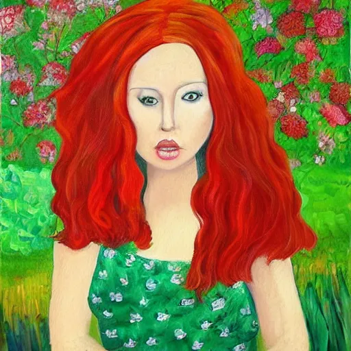 Prompt: a beautiful red haired woman in a garden, beautiful painting by magali villanueve