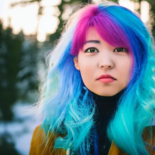 Prompt: of 85mm woman with rainbow hair staring at snow side angle golden sunlight hitting face