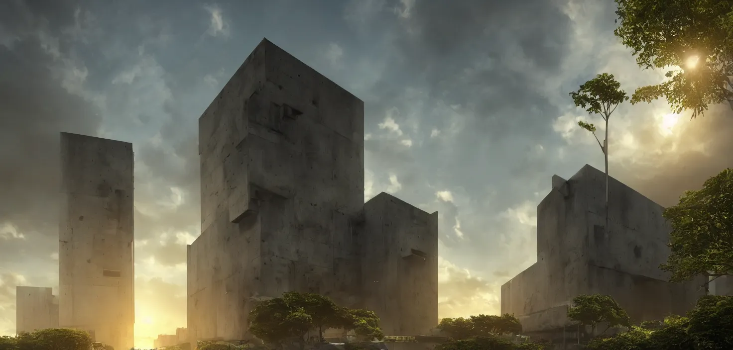 Prompt: simple brutalist architecture, surrounded by lush green vegetation, stunning volumetric lighting, sunset, metal, concrete, translucent material, stunning skies, 8k, photorealistic, hyper detailed, unreal engine 5, IMAX quality, cinematic, epic lighting, digital painting in the style of DOOM, by Greg Rutkowski, trending on Artstation