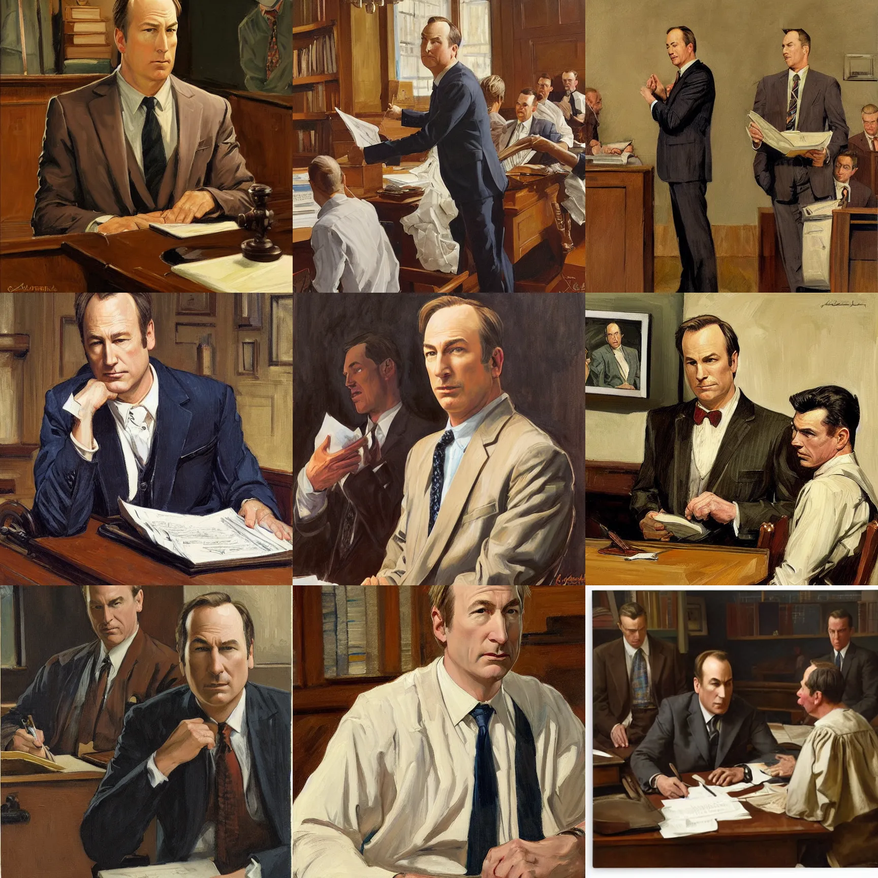 Prompt: bob odenkirk defending a case in court, painting by j. c. leyendecker