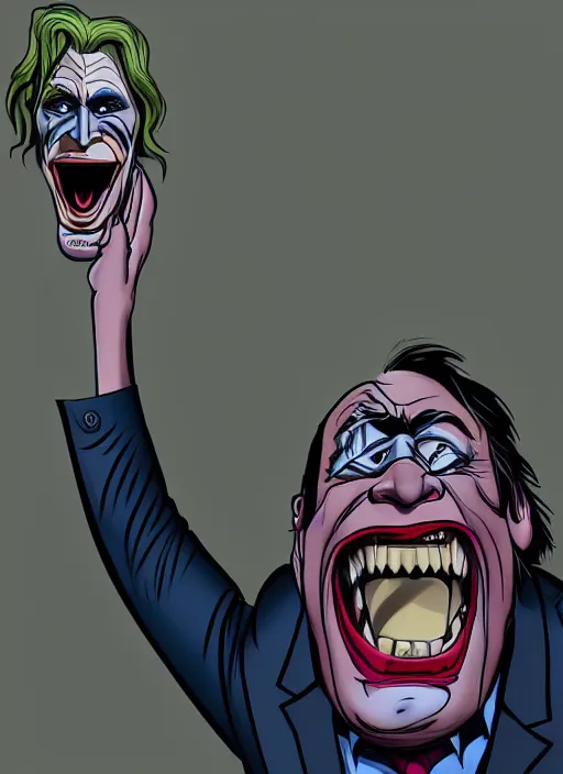 Prompt: A hyper realistic ultra realistic photograph of Alex Jones screaming dressed as the joker by Brandon Hughes , detailed, photorealistic imagery, 8k quality