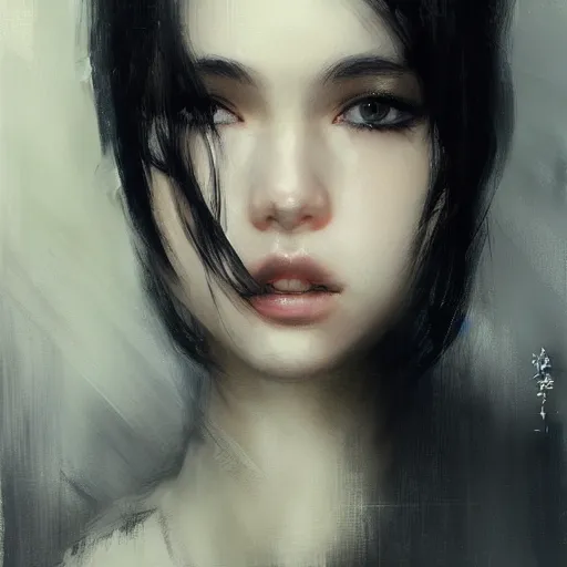 Prompt: a cute girl by ruan jia, closeup headshot, black long hair, black eyes, movie poster style