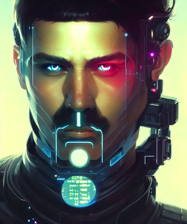 Image similar to cyberpunk hacker man portrait, sci - fi face, elegant, highly detailed, digital painting, artstation, concept art, smooth, sharp focus, illustration, art by artgerm and greg rutkowski and alphonse mucha