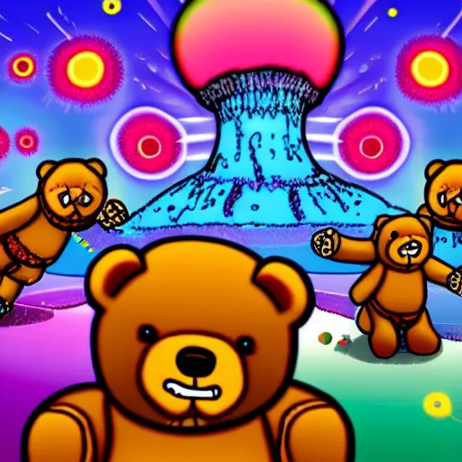 Image similar to a lot of teddy bears fights in epic battle, background a nuclear toxic multi - colored explosion in big town, psychedelic