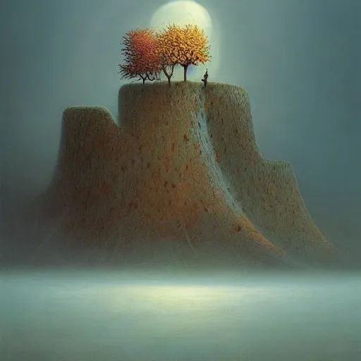 Prompt: dreams of splendor by zdzislaw beksinski and gediminas pranckevicius and tiffany bozic, cold hues, warm tone gradient background, concept art, beautiful composition, digital painting