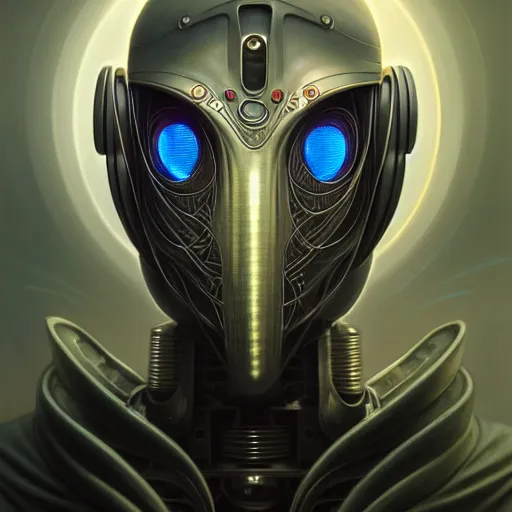 Image similar to low angle portrait shot of a cyberpunk gazmask robot character, intricate, elegant, highly detailed, centered, digital painting, artstation, concept art, smooth, sharp focus, illustration, artgerm, Tomasz Alen Kopera, Peter Mohrbacher, donato giancola, Joseph Christian Leyendecker, WLOP, Boris Vallejo