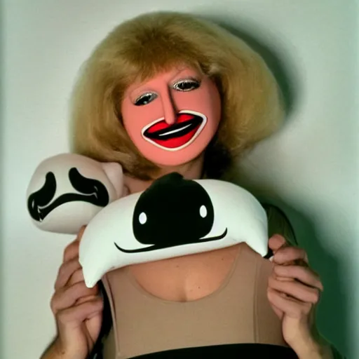 Image similar to 1976 woman wearing a long prosthetic snout nose and nostril, soft color wearing a leotard 1976 holding a smiley inflatable hand puppet color film 16mm Almodovar John Waters Russ Meyer Doris Wishman old photo