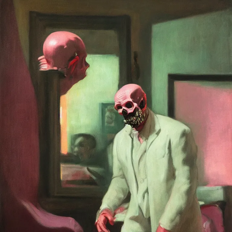 Prompt: portrait of a man with skullface who stares intently with skulls, highly detailed oil painting, 8 k, by francis bacon, edward hopper, soft light 4 k, pink and green colour palette, cinematic composition, cinematic lighting, high quality