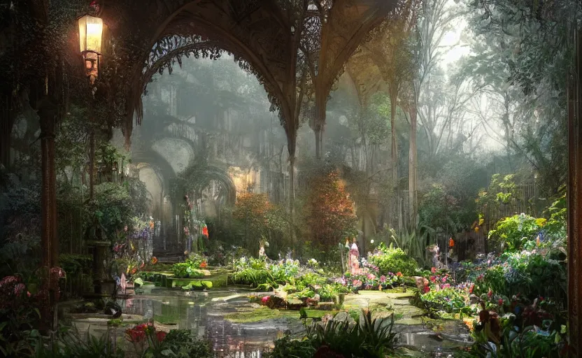 Prompt: Beautiful garden, next to a haven and a mystical palace, intricate, elegant, volumetric lighting, digital painting, highly detailed, artstation, sharp focus, illustration, concept art, ruan jia, steve mccurry