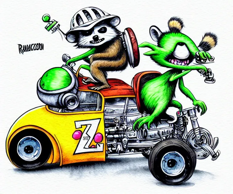 Image similar to cute and funny, racoon wearing a helmet riding in a tiny rob zombie dragula with oversized engine, ratfink style by ed roth, centered award winning watercolor pen illustration, isometric illustration by chihiro iwasaki, edited by range murata