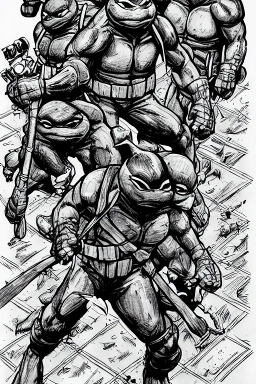 Image similar to jodeci as the teenage mutant ninja turtles, full body, pen an ink, comic books style, very detailed, by eric talbot, artstation, pinterest