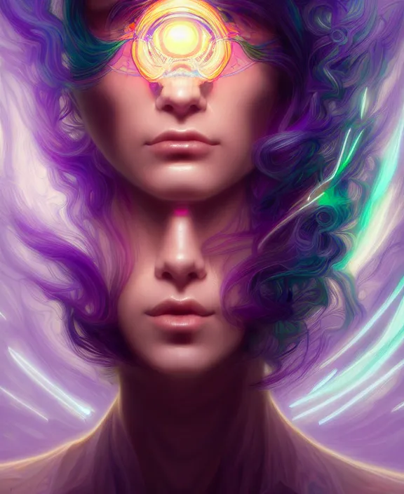 Image similar to a whirlwind of souls rushing inside the metaverse, hologram, half body, neurochip, shaved temple, piercing, jewelry, android, cyborg, cyberpunk face, by loish, d & d, fantasy, intricate, elegant, highly detailed, colorful, digital painting, artstation, concept art, art by artgerm and greg rutkowski and alphonse mucha