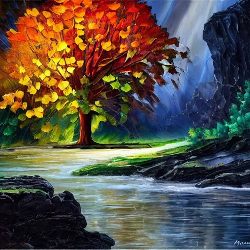 Image similar to A beautiful, highly detailed, very realistic oil painting of a single tree with rainbow leaves, next to a small river, glowing bright blue in the middle of a huge, very dark cave, with lots of dark grey rocks, oil painting by Afremov and Greg Rutkowski.