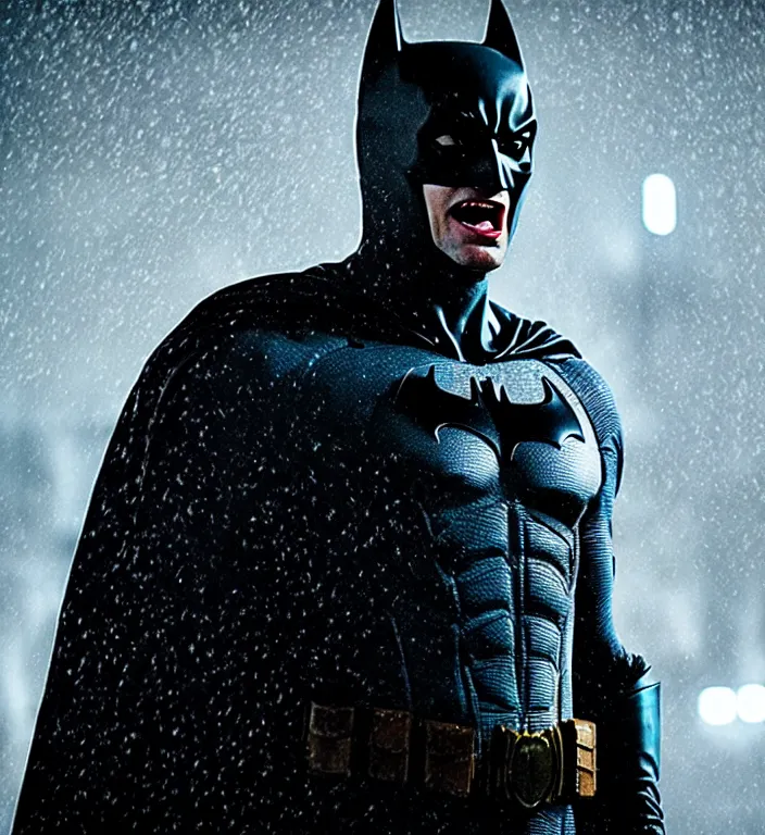 Image similar to cinematic still of tobey maquire as batman, screaming in pain, dramatic rain, 8 k