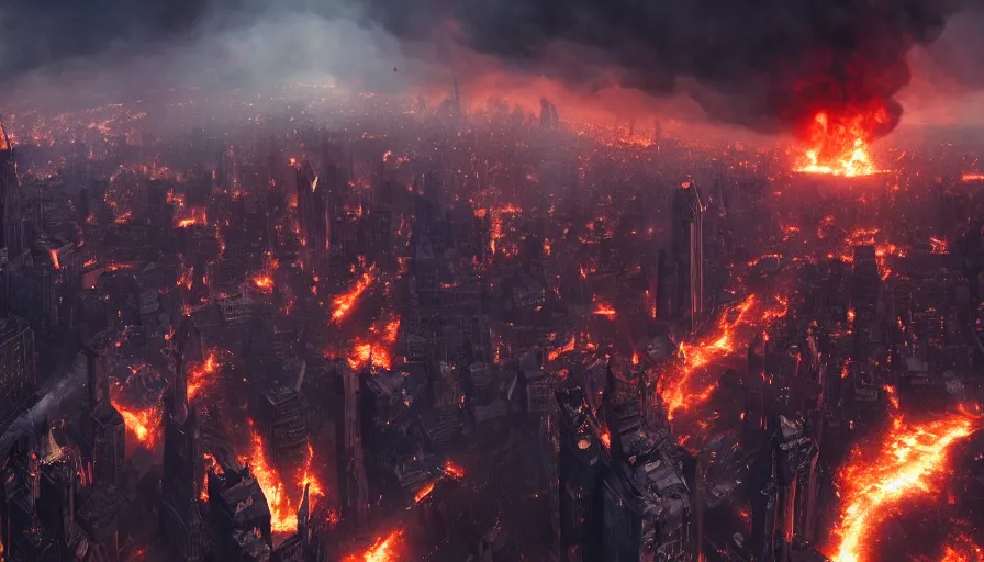 Prompt: movie scene of dragons destroying new york city, burning buildings, destruction, fire, ashes, smoke columns, people fleeing, dark sky, hyperdetailed, artstation, cgsociety, 8 k