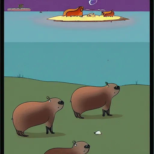 Prompt: capybaras camping on the seaside by yuga labs and by matt groening