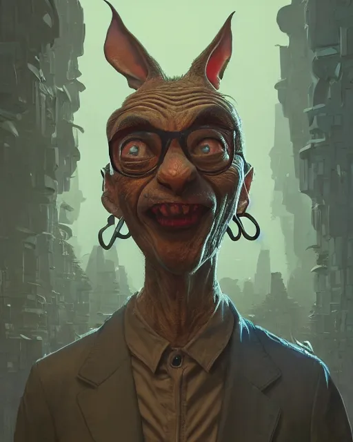 Image similar to portrait of mr bean goblin. intricate abstract. intricate artwork, by tooth wu, wlop, beeple, dan mumford. concept art, octane render, trending on artstation, greg rutkowski very coherent symmetrical artwork. cinematic, key art, hyper realism, high detail, octane render, 8 k, iridescent accents