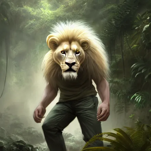 Image similar to commission portrait of a male anthro albino lion,wearing cargo pants and a boack t-shirt,going through a jungle cautiously.dramatic,character design by charles bowater,greg rutkowski,ross tran,hyperdetailed,hyperrealistic,4k,deviantart,artstation,professional photography,concept art