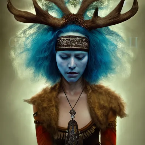 Image similar to A young female shaman, blue hair and antlers on her head. blindfolded, heilung, in the style of Heather Theurer, headshot photoshoot, insanely detailed and intricate, beautiful, elegant, cinematic toplight, portrait, headroom, artstation, karol bak