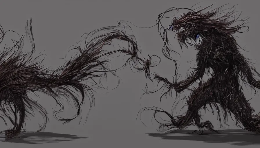 Image similar to concept art of a terrifying monster composed of feathers and string, twisted nightmare, brush hard, artstation, panormic, high quality, brush stroke