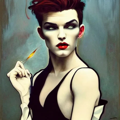 Image similar to beautiful portrait of androgynous ruby rose as desire from sandman in a white tuxedo!!!, rockabilly style,, by alphonse mucha, by jeremy mann, by peter lindbergh, dave mckean, by frank moth, white suit and black tie, soft lightning, high detailed, 8 k