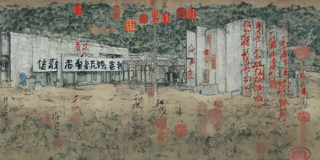 Image similar to a chinese prison near a river by peter doig, overlaid with chinese adverts