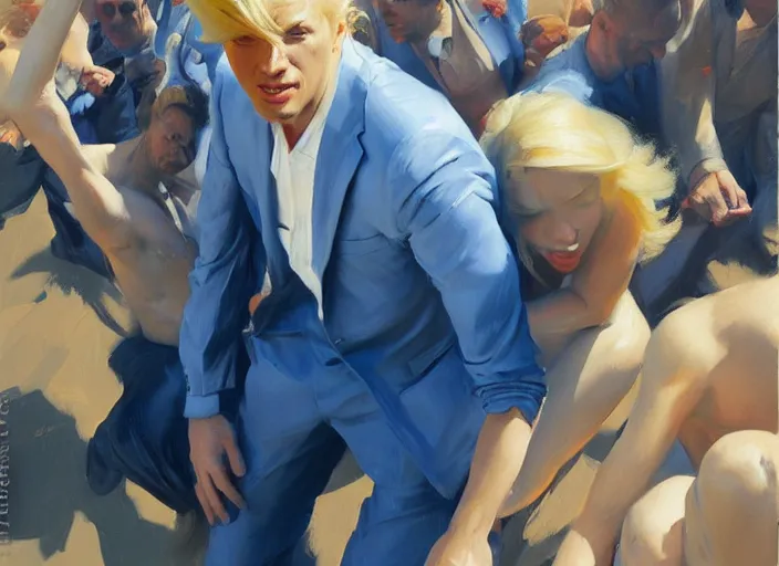 Image similar to greg manchess portrait of a blond man in a blue suit wounded surrounded by a crowd, organic painting, sunny day, matte painting, bold shapes, hard edges, street art, trending on artstation, by huang guangjian, gil elvgren, ruan jia, randy vargas, greg rutkowski