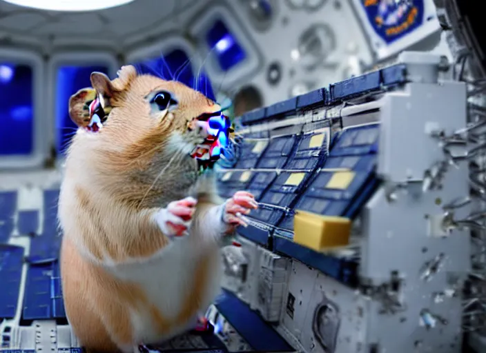 Image similar to film still of a hamster working for mission control at nasa, 8 k