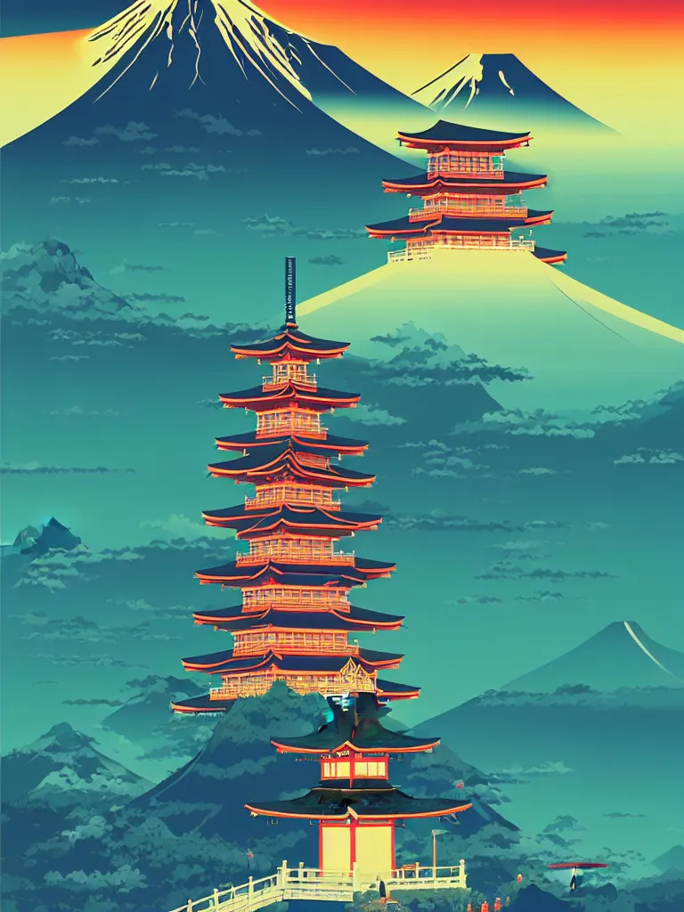 Image similar to a travel poster illustration depicting a japanese pagoda with mount fuji, vintage style, detailed illustration, digital painting, vector art, trending on artstration, by anton fadeev, by alena aenami