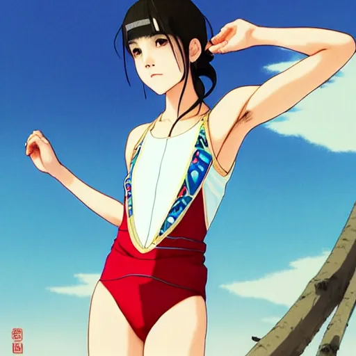 Image similar to a beautiful boyish japanese emma watson alluring instagram model, wearing elegant japanese hiphop leotard outfit with subtle mayan patterns and native fashion, aztec street fashion bathing suit, jrpg fashion, gapmoe yandere grimdark, trending on pixiv fanbox, painted by greg rutkowski makoto shinkai takashi takeuchi studio ghibli, akihiko yoshida