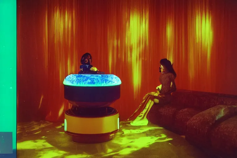 Image similar to portrait a woman wearing discowear sitting inside of an unlit lit 1970s luxury underwater chinese restaurant with a soviet computer console on the wall, a suspended fireplace, large windows, two lava lamps, an exterior of deep-sea bioluminescent species, ektachrome photograph, volumetric lighting, f8 aperture