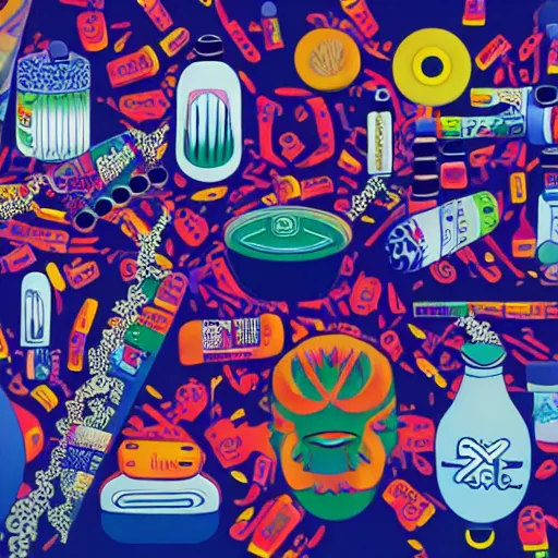 Prompt: pills, powders, acid tabs and syringes by tristan eaton and james jean, chiho aoshima color scheme