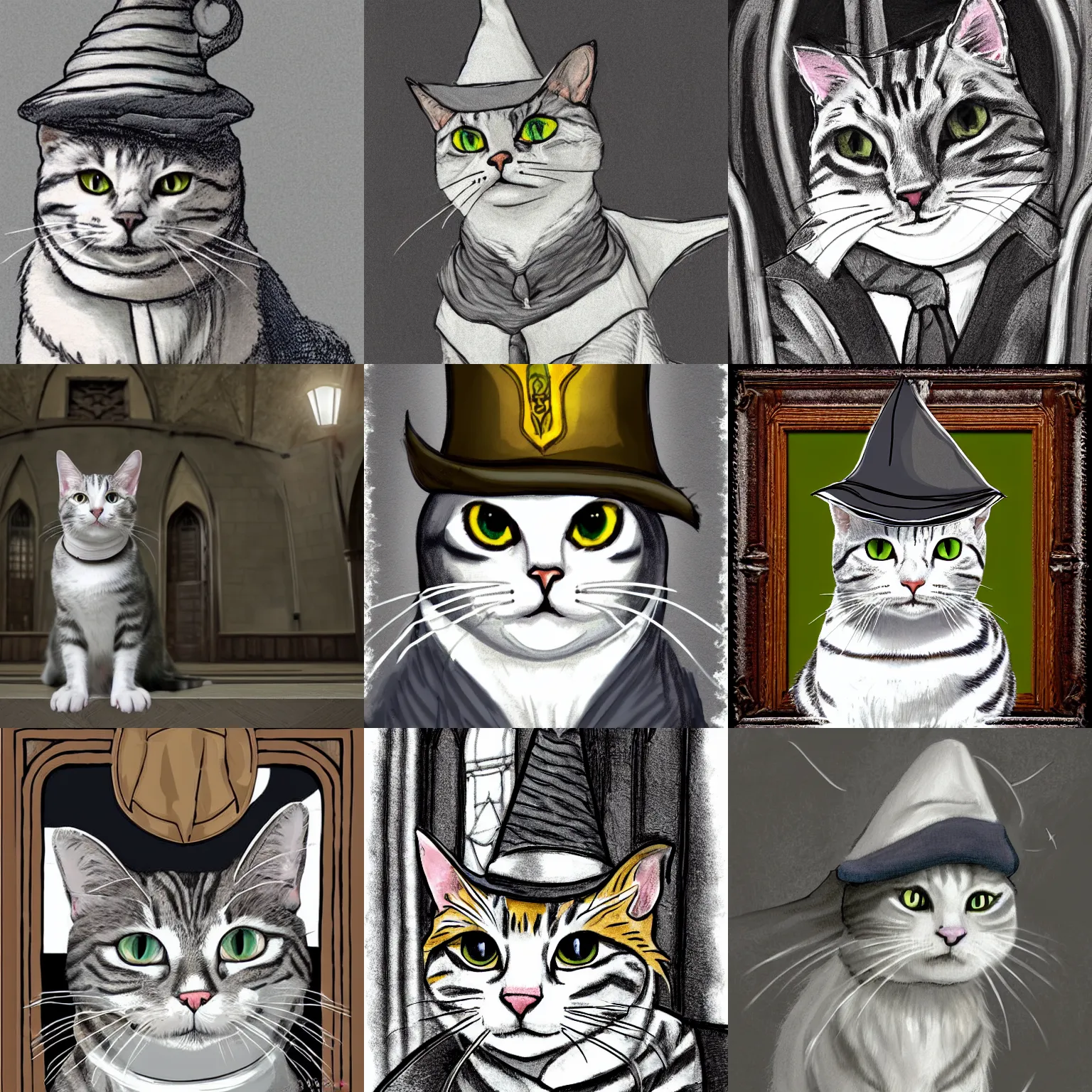 Prompt: portrait of a white and grey tabby cat wearing the sorting hat in the hogwarts great hall, in the style of harry potter