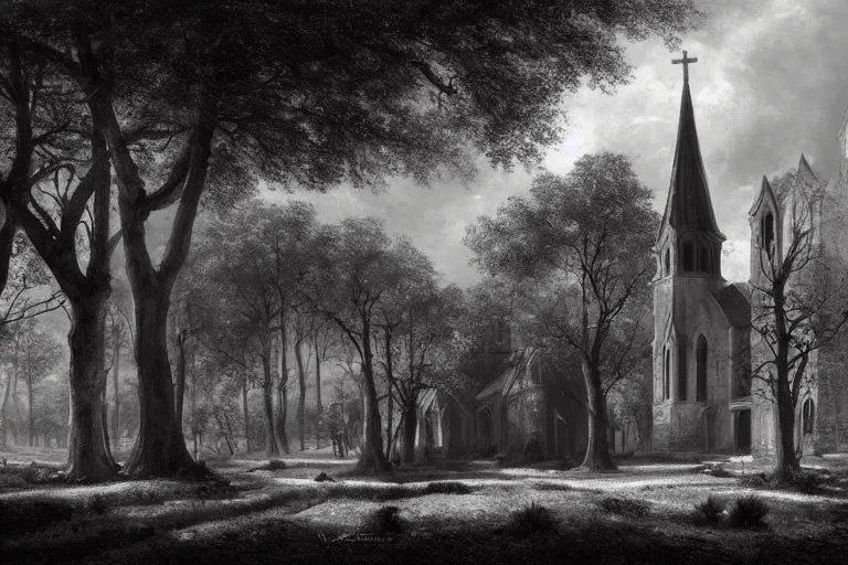 Prompt: a black and white painting of a church surrounded by trees, a detailed matte painting by vassily maximov, deviantart, gothic art, gothic, matte drawing, matte painting