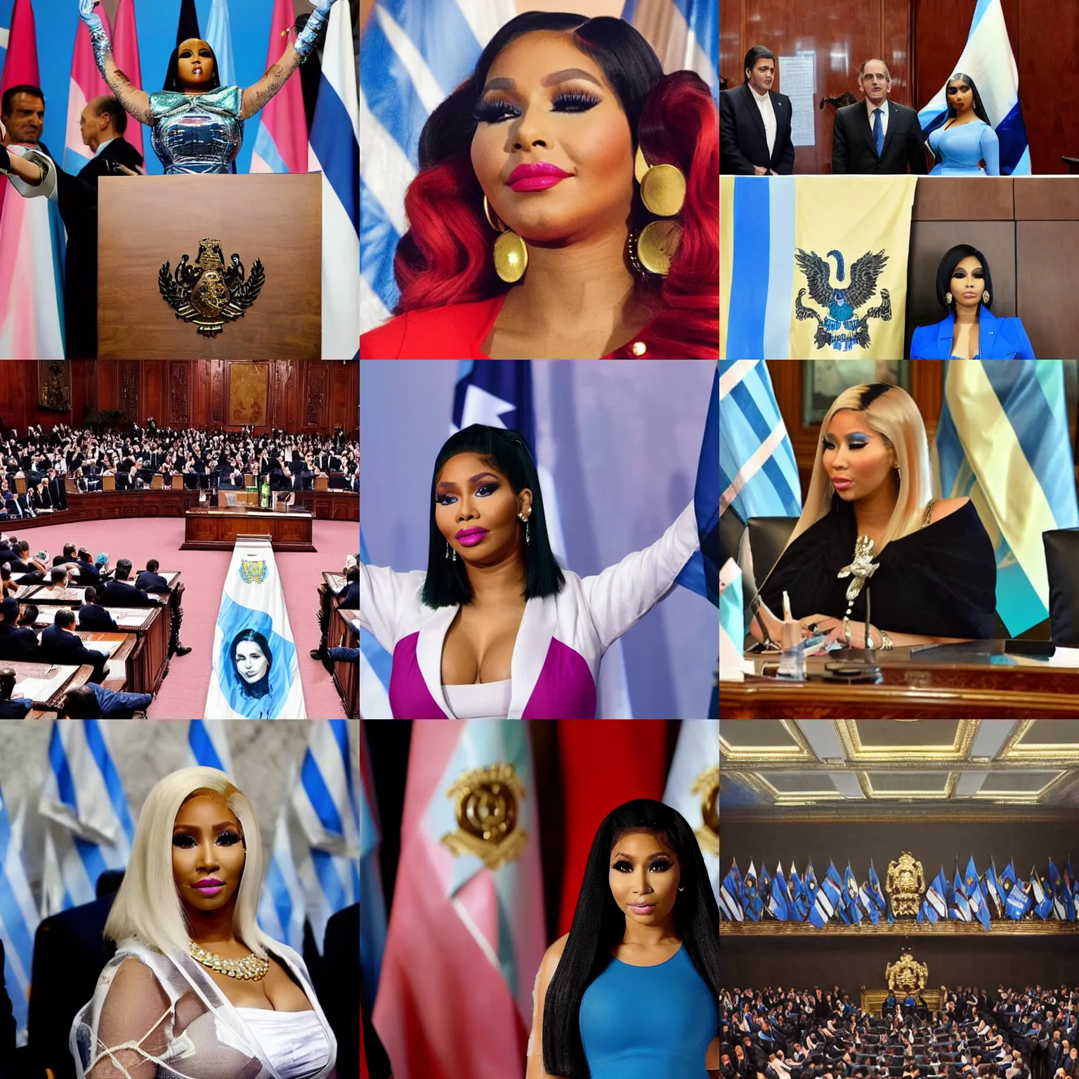 Image similar to Nicki Minaj president of Argentina, in the Argentine Congress, flags of Argentina behind, detailed picture