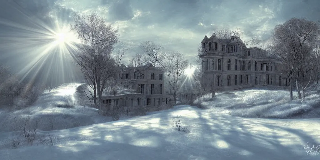 Prompt: bourgeois winterpunk mountain valley mansion city, digital art, sunrays