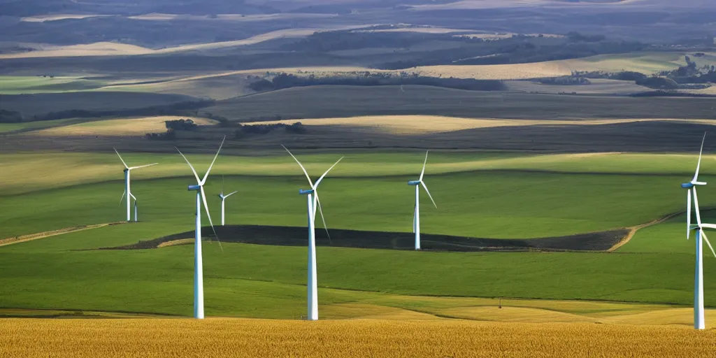 Prompt: beautiful wind farms in the fields