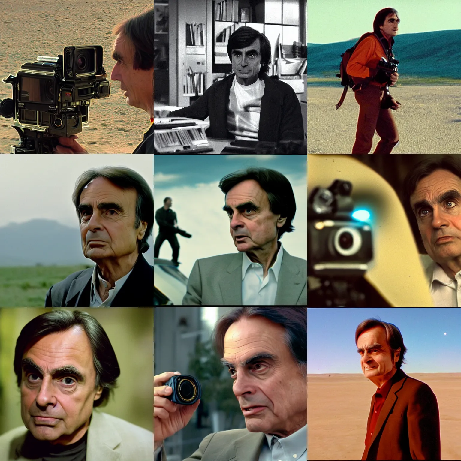 Prompt: action film camera still of Carl Sagan, figure portrait