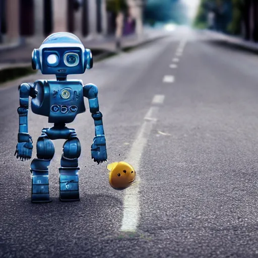 Prompt: very cute robot gets hit by a car, realistic, hdr, death of robot, 8 k