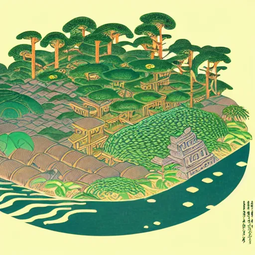 Prompt: 3d isometric botanical illustration of a small city in an island surrounded by water, diego rivera in Ukiyo-e style, HD, motion frame 2/10