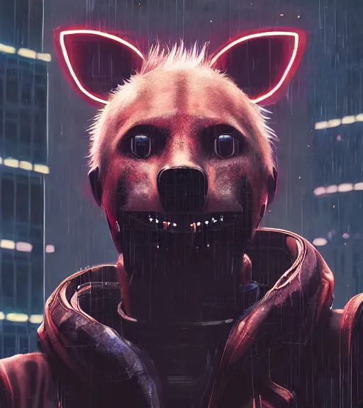 Image similar to new york city portrait of furry anthro anthropomorphic spotted hyena head animal person fursona wearing clothes strange cybernetic muzzle gloomy rainy screenshot from the video game cyberpunk 2077 digital art by Greg Rutkowski, Simon Stalenhag, christopher nolan trending on Artstation, CGSociety