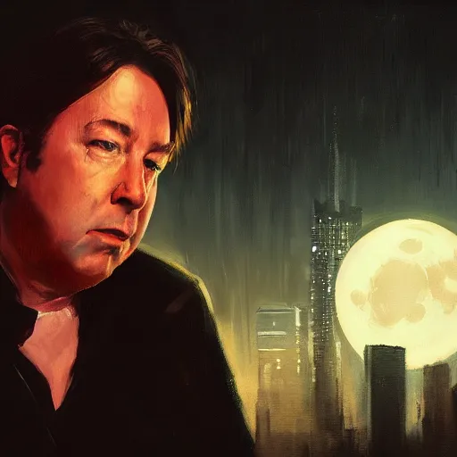 Image similar to closeup portrait of bill hicks, dramatic lighting, city background, night, moon, chiaroscuro, high detail, painted by greg rutkowski, painted by igor kieryluk, painted by bobby chiu, trending on artstation