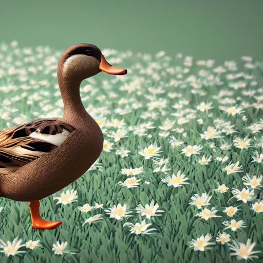 Prompt: A 3d render of a duck walking through a field of daisies, lots of little daisies, realistic, digital art