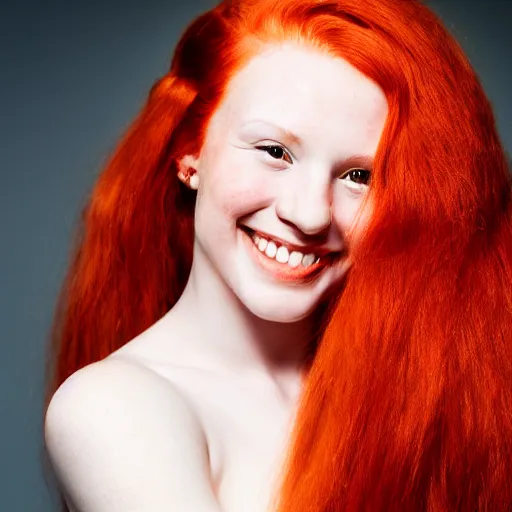 Image similar to artistic photo of a young beautiful woman with red hair looking at the camera, smiling slightly, studio lighting, award winning photo by Annie Liebowitz