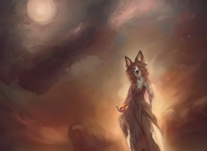 Image similar to wide angle beautiful full body portrait of a strong male anthropomorphic anthro border collie fursona in an evening gown on a pier at night, character design by charlie bowater, henry asencio, and ross tran, disney, detailed, sharp focus, matte, aesthetic, trending on artstation, furaffinity, deviantart