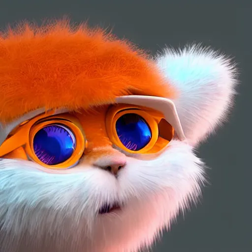 Prompt: ultra-realistic ultra-detailed adorable fluffy bioluminiscent creature, orange fur, beautiful light big eyes, big round glasses, blue witch hat, tiny mouth, 😕, clean white background, DOF, soft lighting, octane rendering, unreal engine render, ultra detailed cinematic