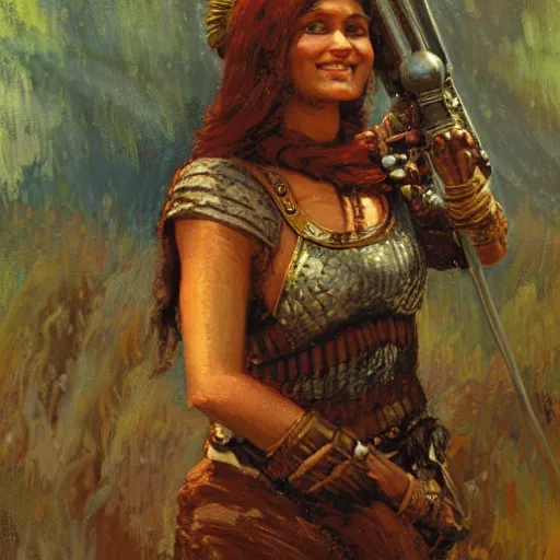 Image similar to a medieval hunter woman with indian ethnicity, cheeky smile, umber color scheme, fantasy character portrait by gaston bussiere, craig mullins