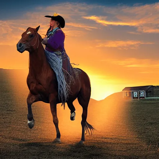 Image similar to a dodgy cowgirl wrangles her horse in a dusty old town in the old west, jumpy horses in the nearby hills, a sunset over the range, digital art