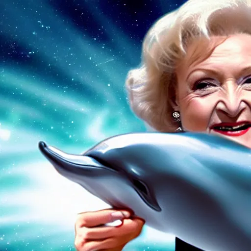 Prompt: betty white riding a dolphin through space, cinematic vfx