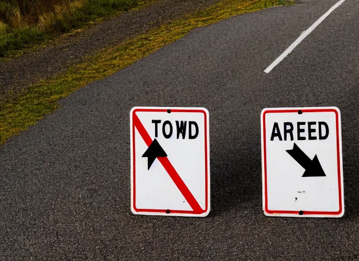 Prompt: photo still of two street signs on a country road shaped like arrows pointing left and right with the words left on one and right on the other, 8 k 8 5 mm f 5. 6